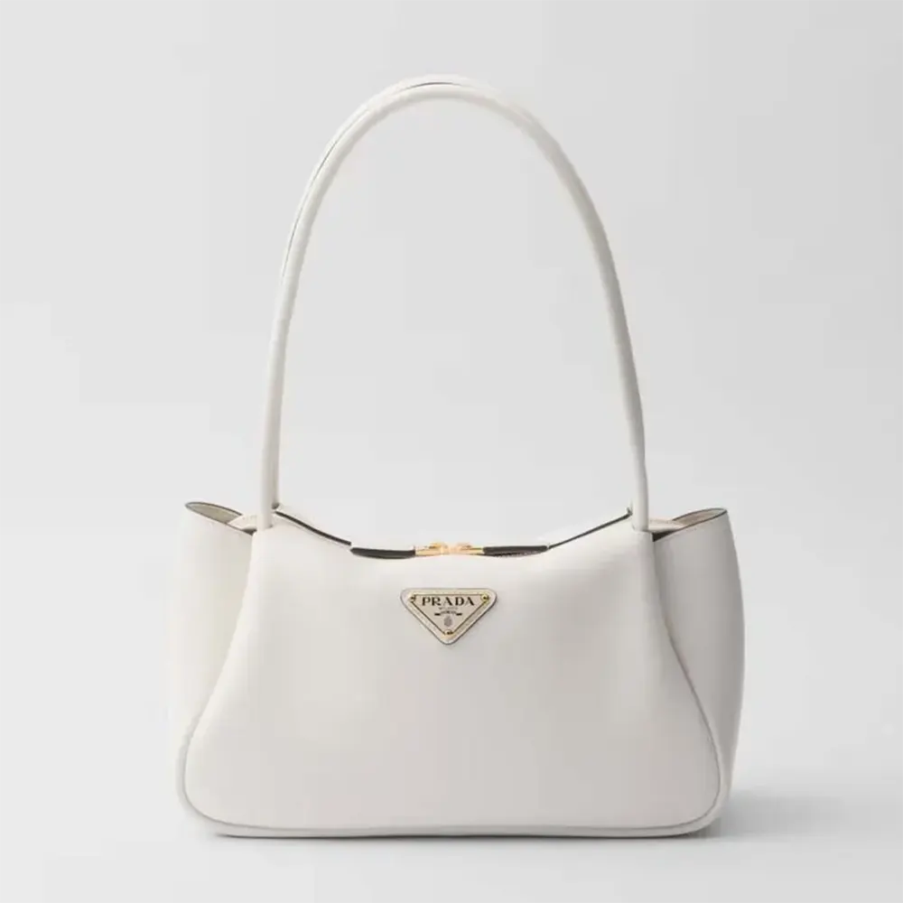 Front view of Prada Women Medium Leather Handbag-White with silver logo