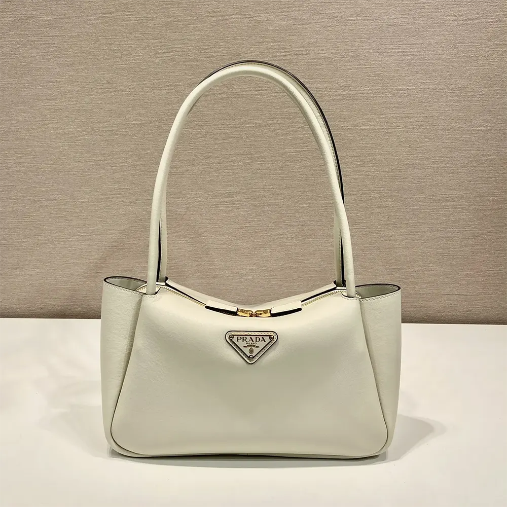 Close-up detail of silver hardware on Prada Women Medium Leather Handbag-White