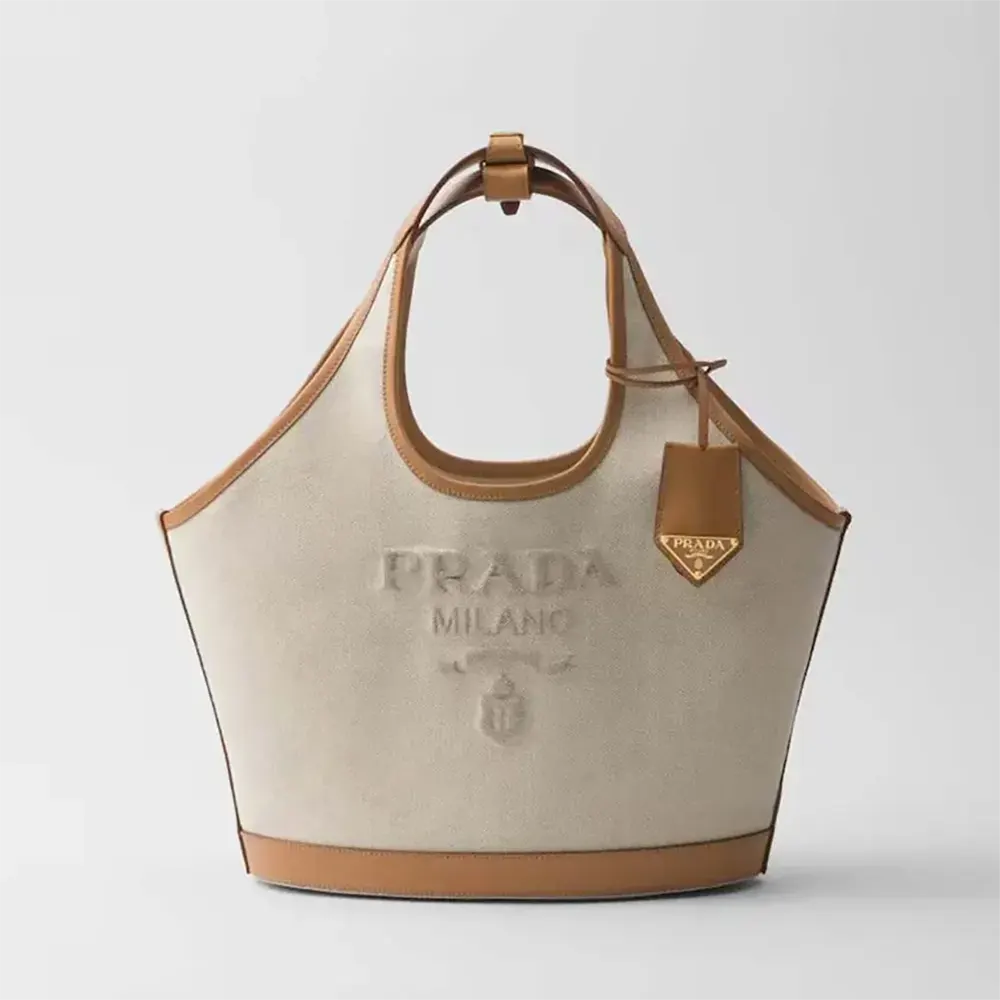 Front view of Prada Women Medium Linen Blend and Leather Tote Bag in beige