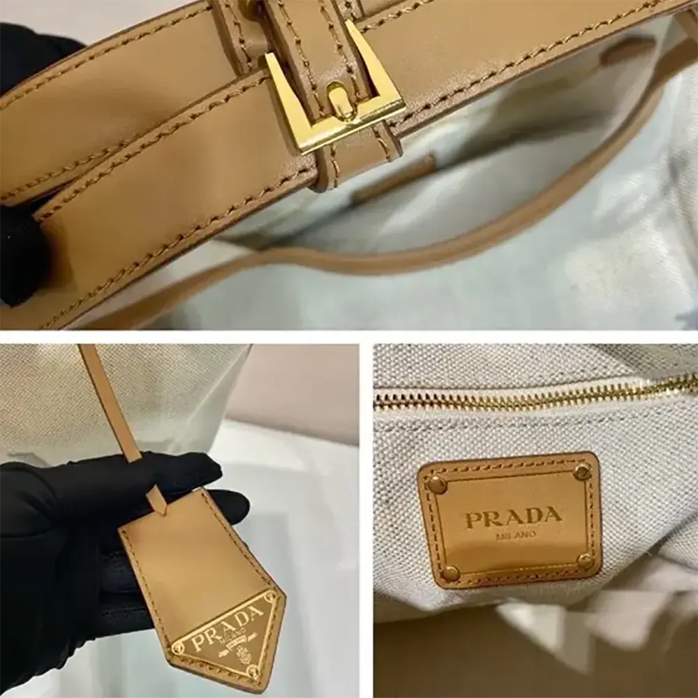 Prada Women Medium Linen Blend and Leather Tote Bag - image 10