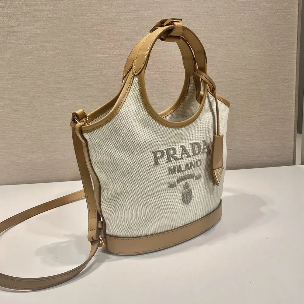 Prada Women Medium Linen Blend and Leather Tote Bag - image 5