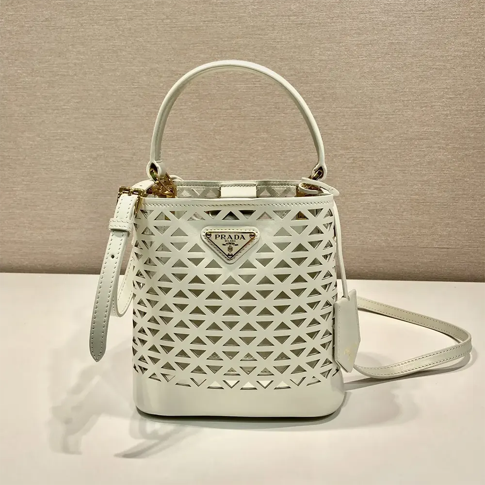 Close-up of cut-out motif and silver hardware on Prada mini-bag