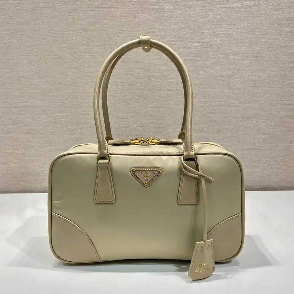 Close-up of saffiano leather and silver hardware on Prada Women Re-Edition 1978 bag