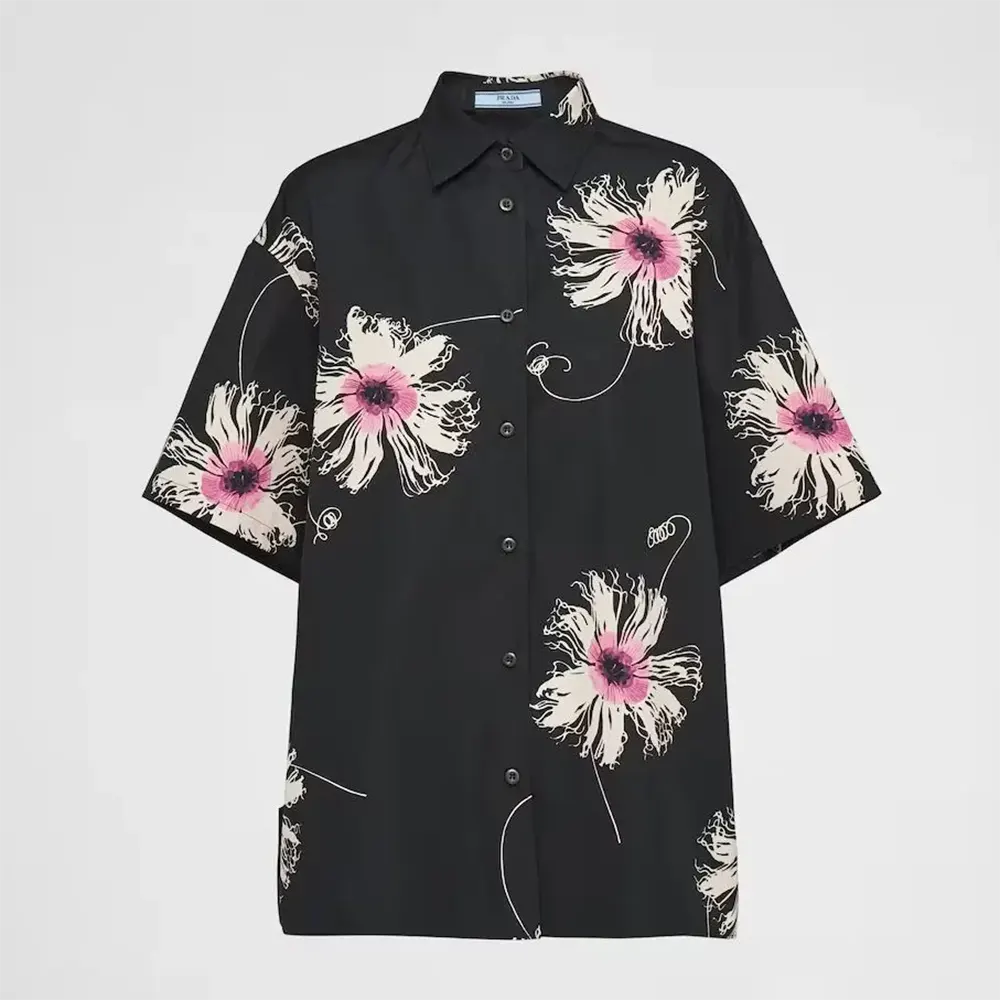 Front view of Prada Women Short-sleeved Printed Poplin Shirt in black