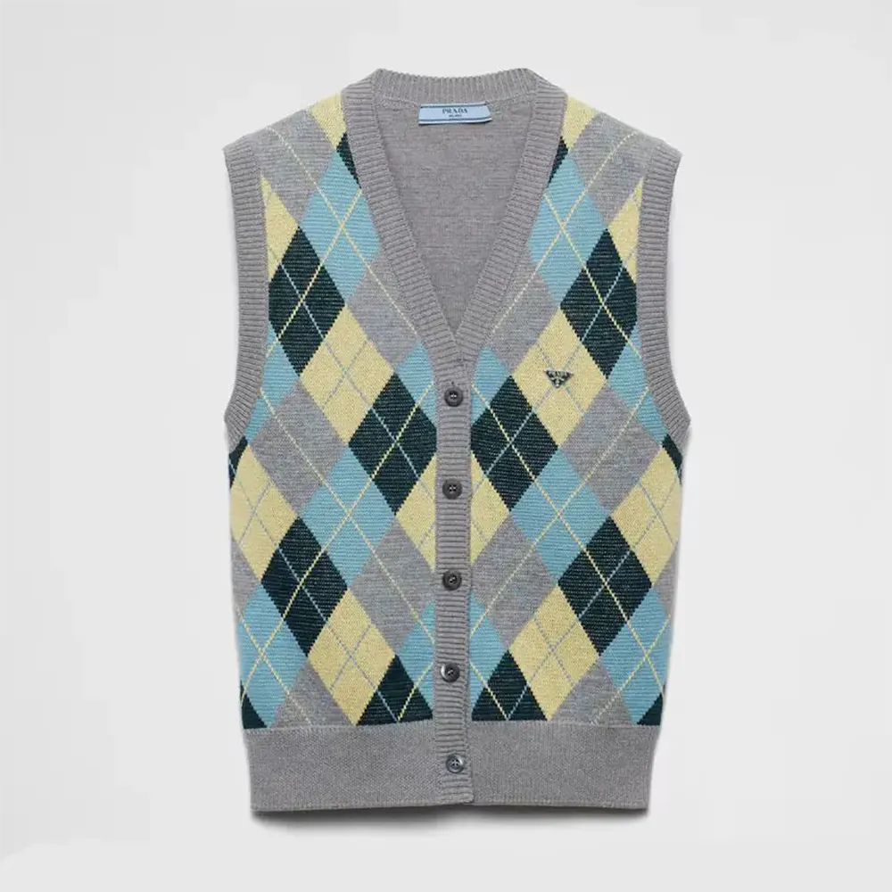 Front view of Prada Women Wool Vest with an Argyle Pattern in silver