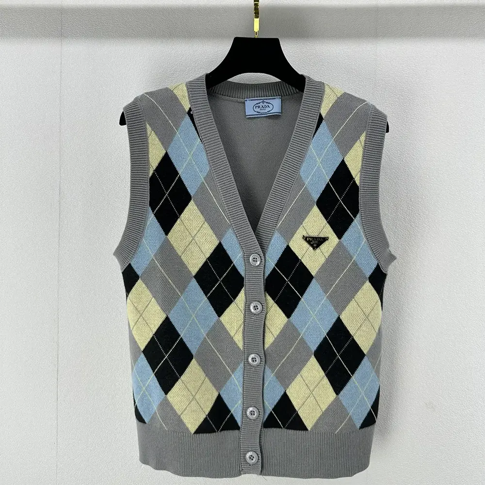 Close-up detail of argyle pattern on Prada Women Wool Vest