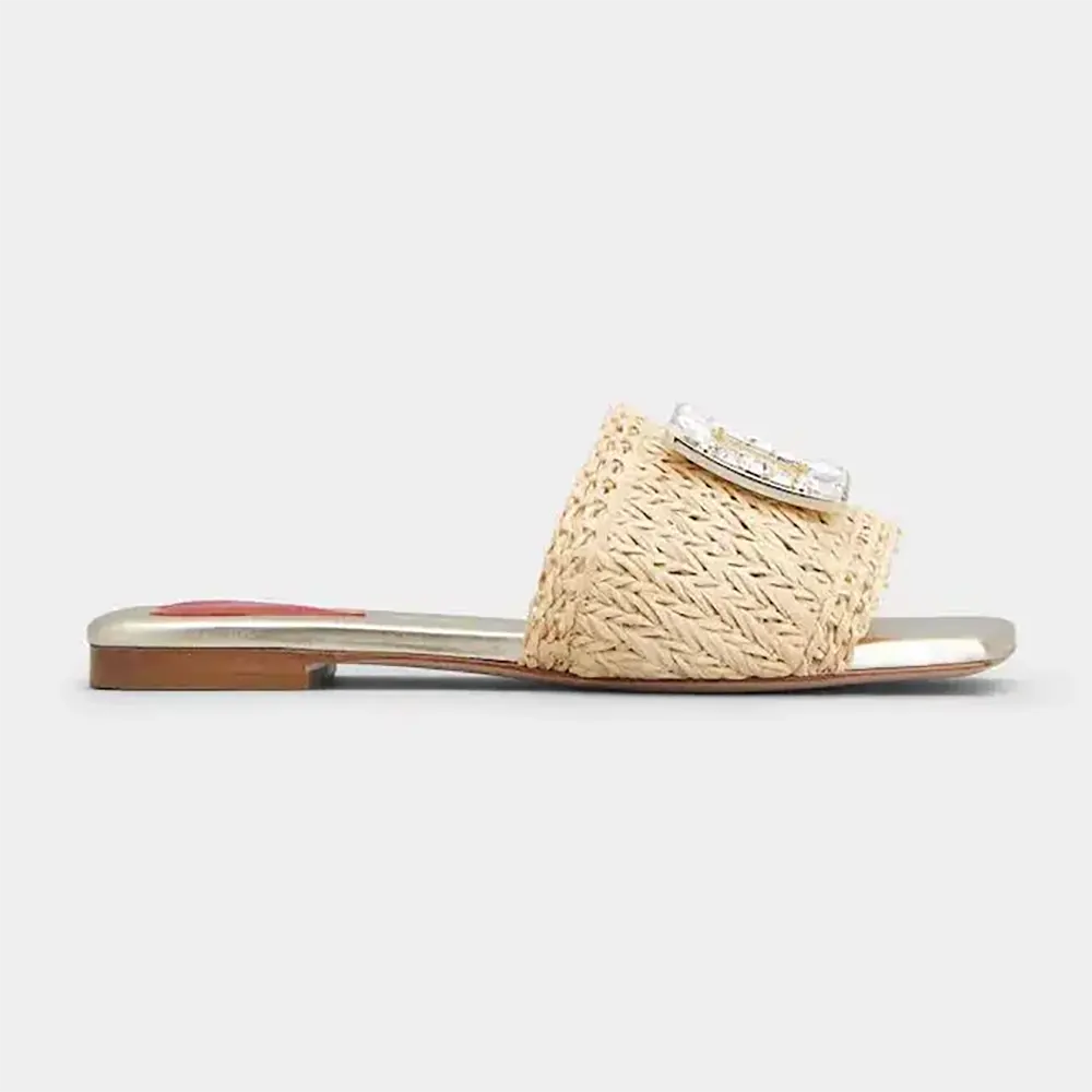 Side view of Roger Vivier Women Strass Buckle Slides in Raffia