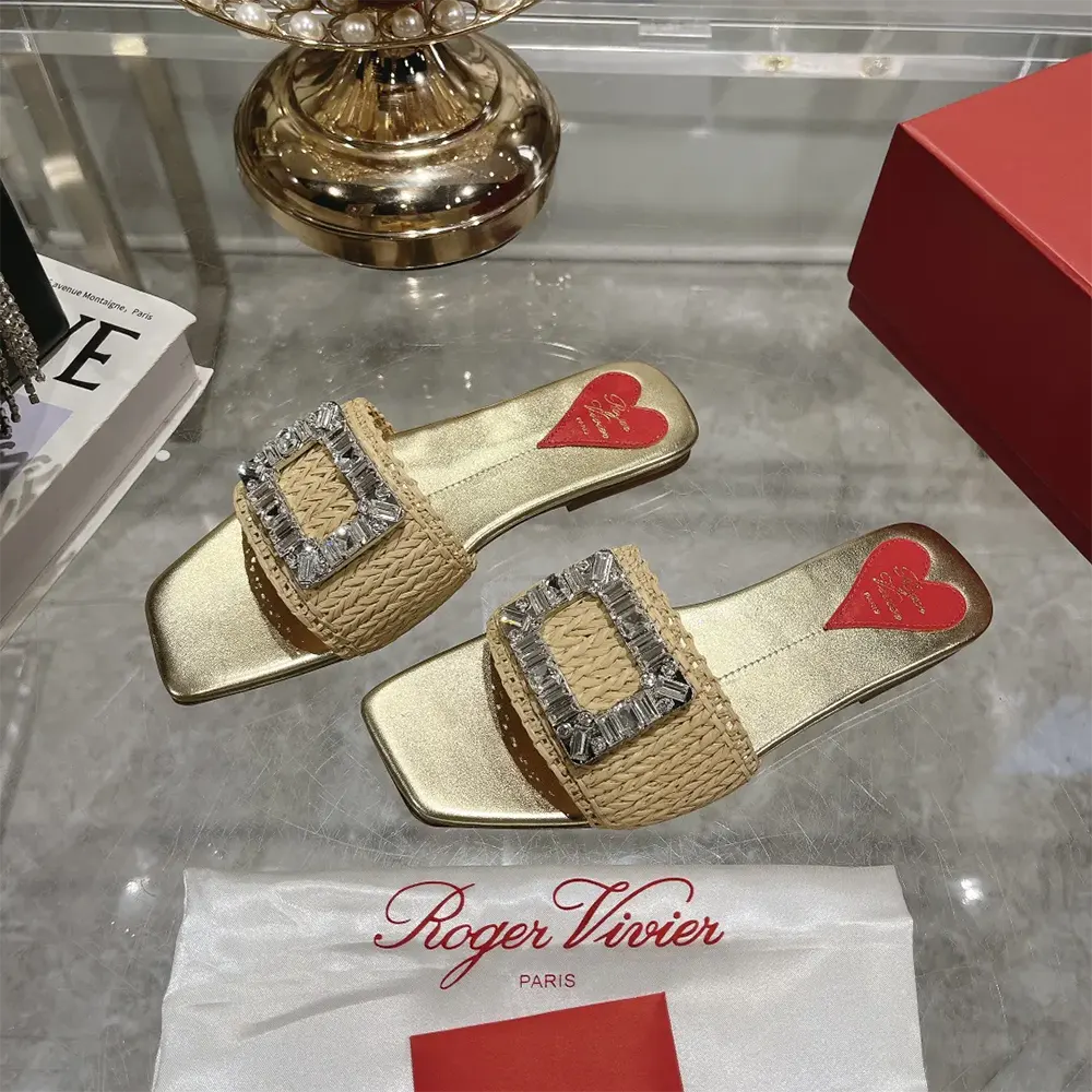 Top view showcasing natural raffia texture on Roger Vivier slides
