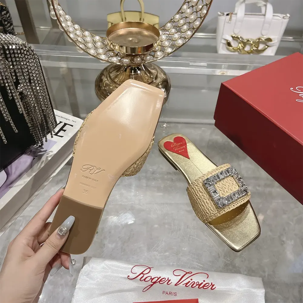 Roger Vivier Women Strass Buckle Slides in Raffia - image 9