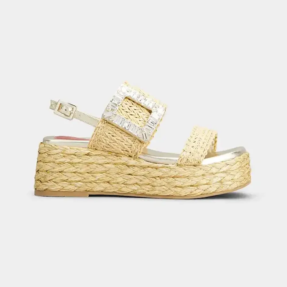 Side view of Roger Vivier Women Strass Buckle Wedge Sandals in Raffia