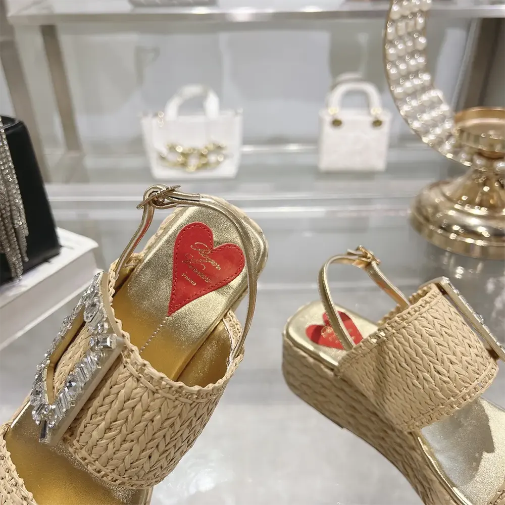 Roger Vivier Women Strass Buckle Wedge Sandals in Raffia - image 8
