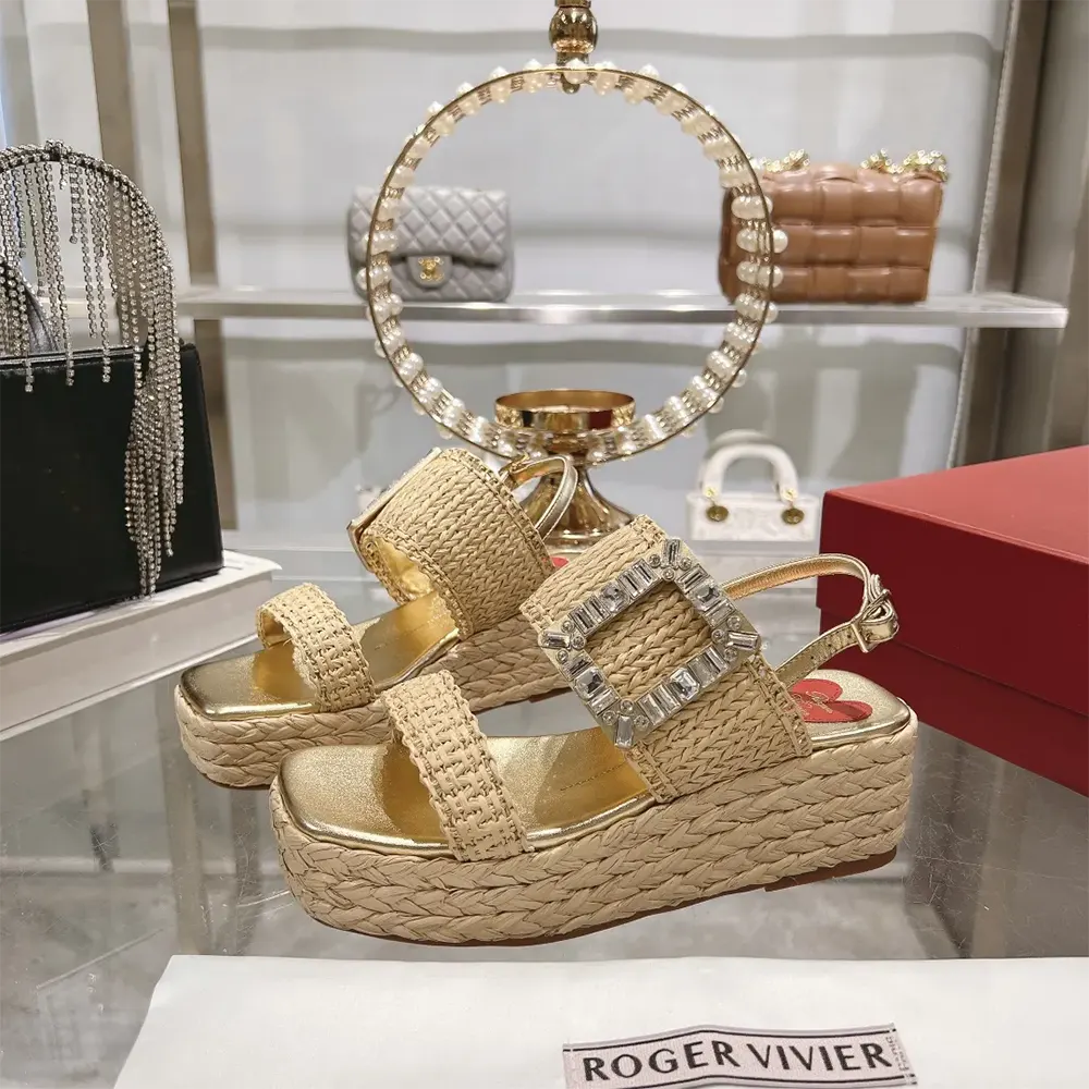 Roger Vivier Women Strass Buckle Wedge Sandals in Raffia - image 4