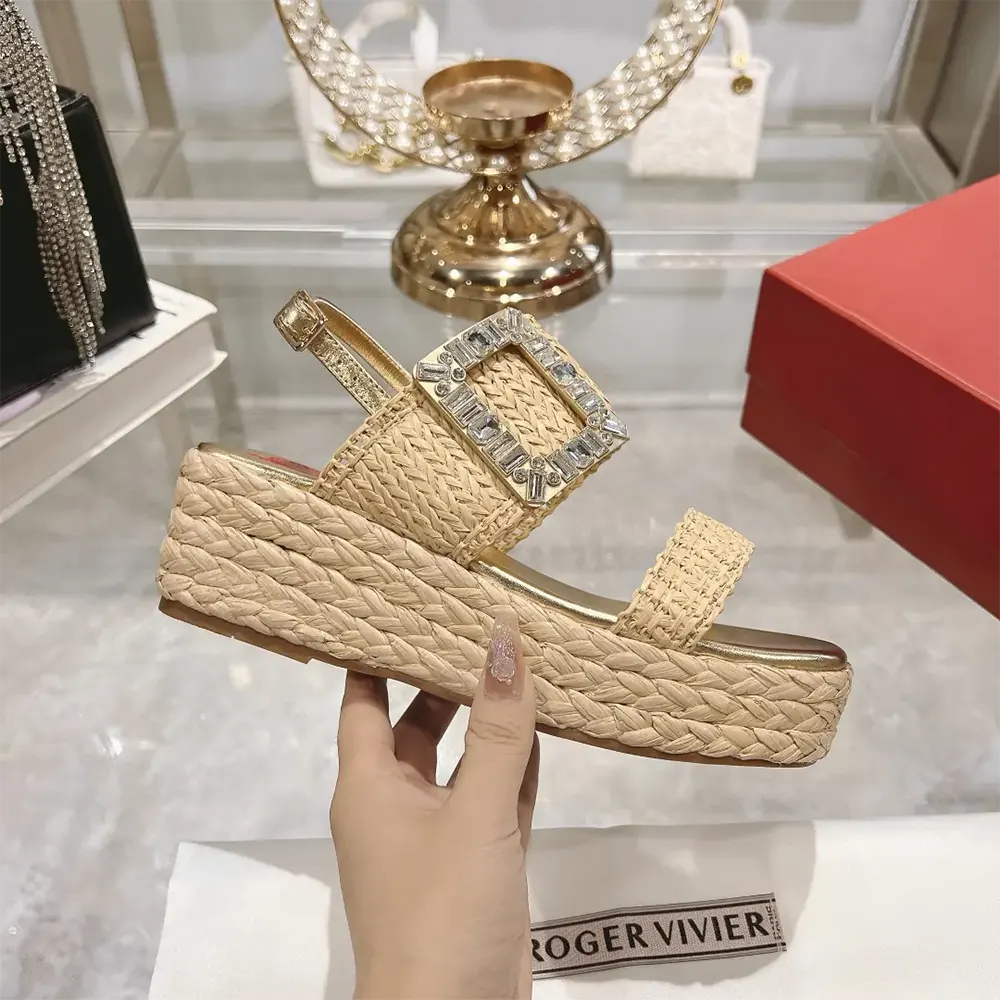 Roger Vivier Women Strass Buckle Wedge Sandals in Raffia - image 7