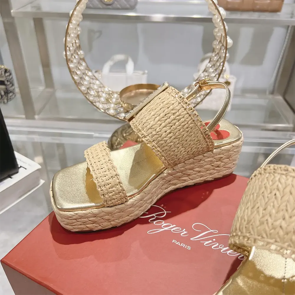 Roger Vivier Women Strass Buckle Wedge Sandals in Raffia - image 6
