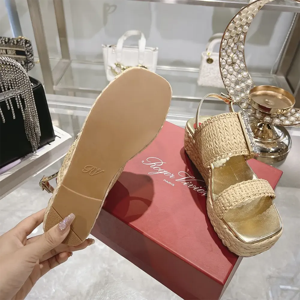Roger Vivier Women Strass Buckle Wedge Sandals in Raffia - image 10