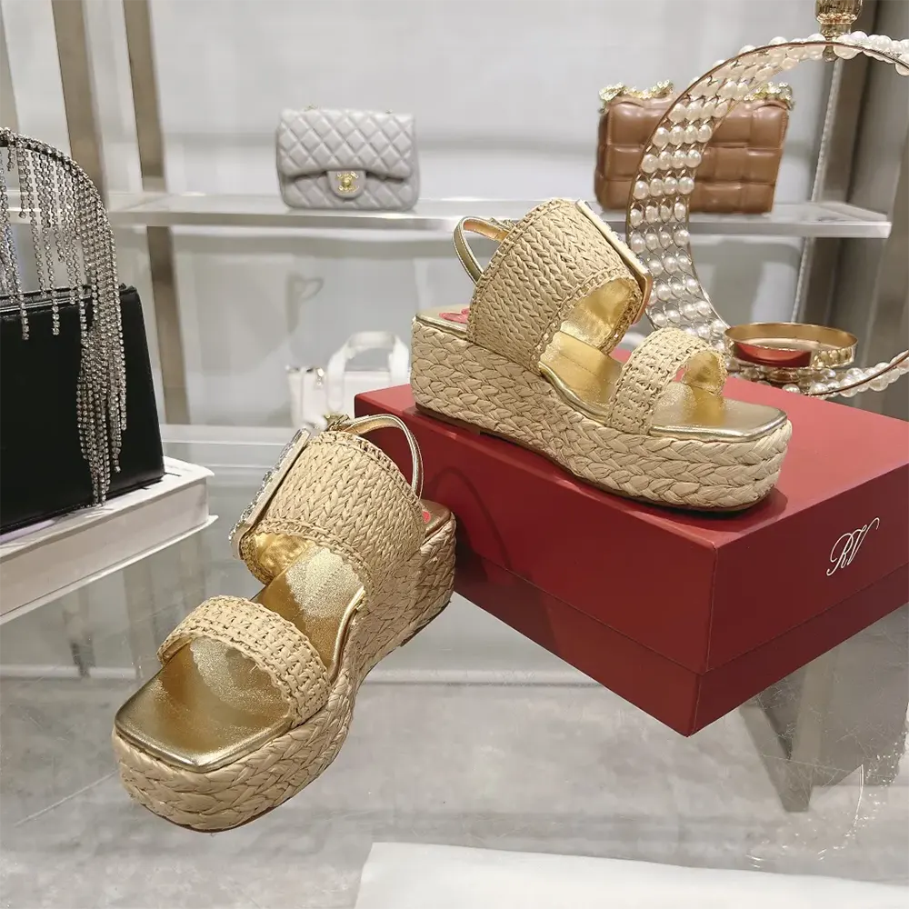 Roger Vivier Women Strass Buckle Wedge Sandals in Raffia - image 5