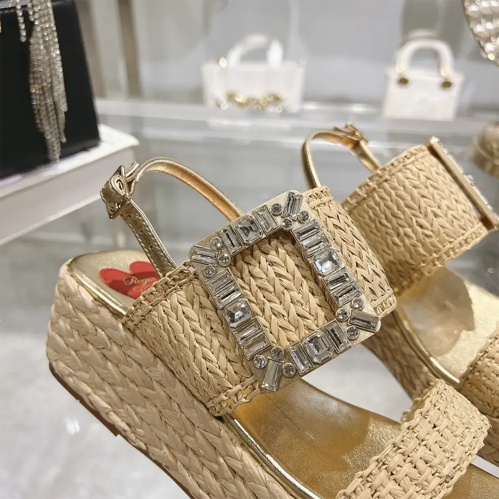 Roger Vivier Women Strass Buckle Wedge Sandals in Raffia - image 9
