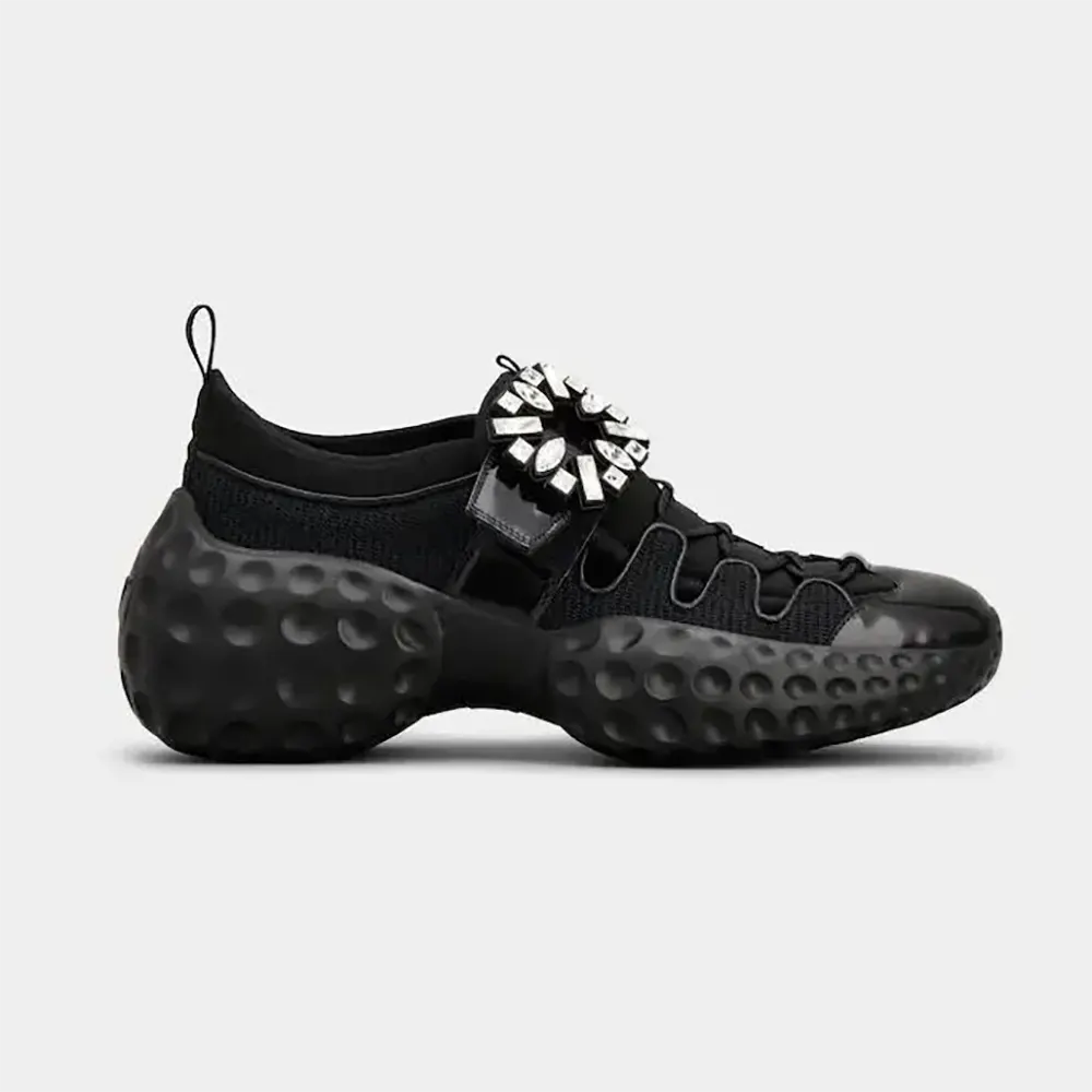 Side view of Roger Vivier Women Viv’ Run Light Trekky Sneakers in black fabric