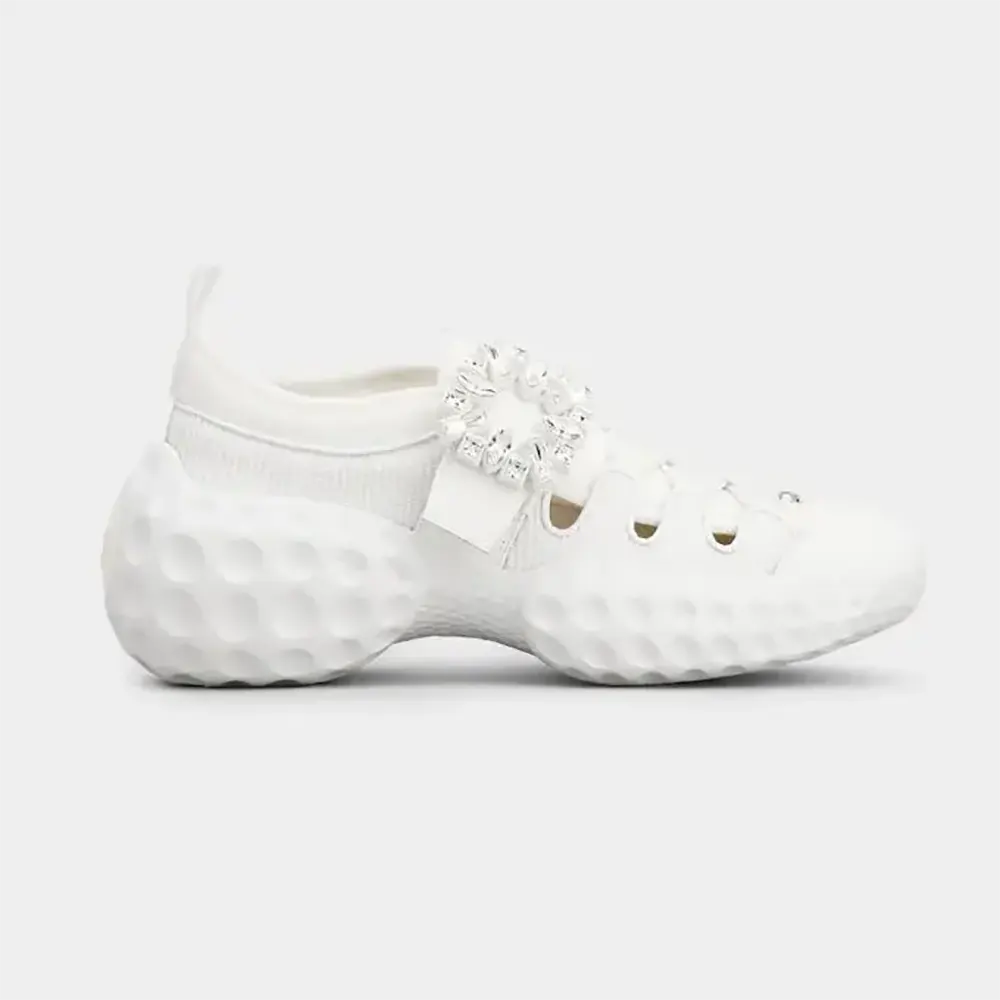 Side profile of Roger Vivier Women Viv’ Run Light Trekky Sneakers in Fabric-White