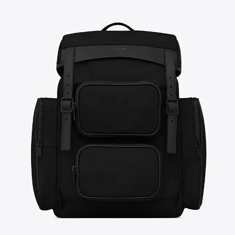 Front view of Saint Laurent YSL Men City Multi-pocket Backpack in black
