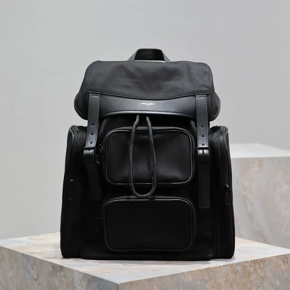 Close-up on silver YSL hardware and smooth leather detail