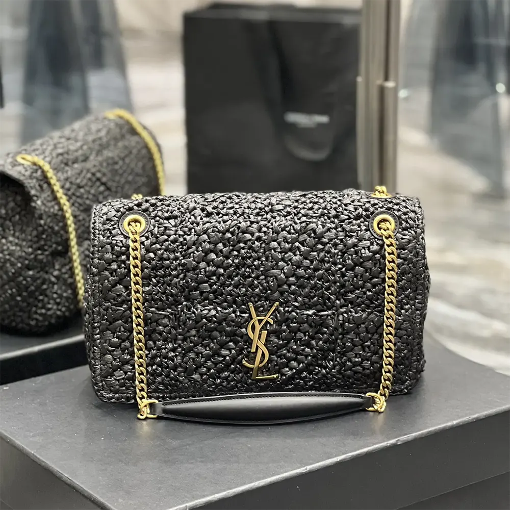 Side profile of Saint Laurent YSL Jamie Medium bag highlighting raffia texture
