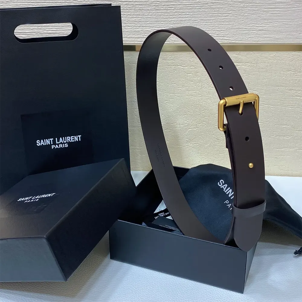Side view of Saint Laurent YSL Unisex Motorcycle Belt gold buckle