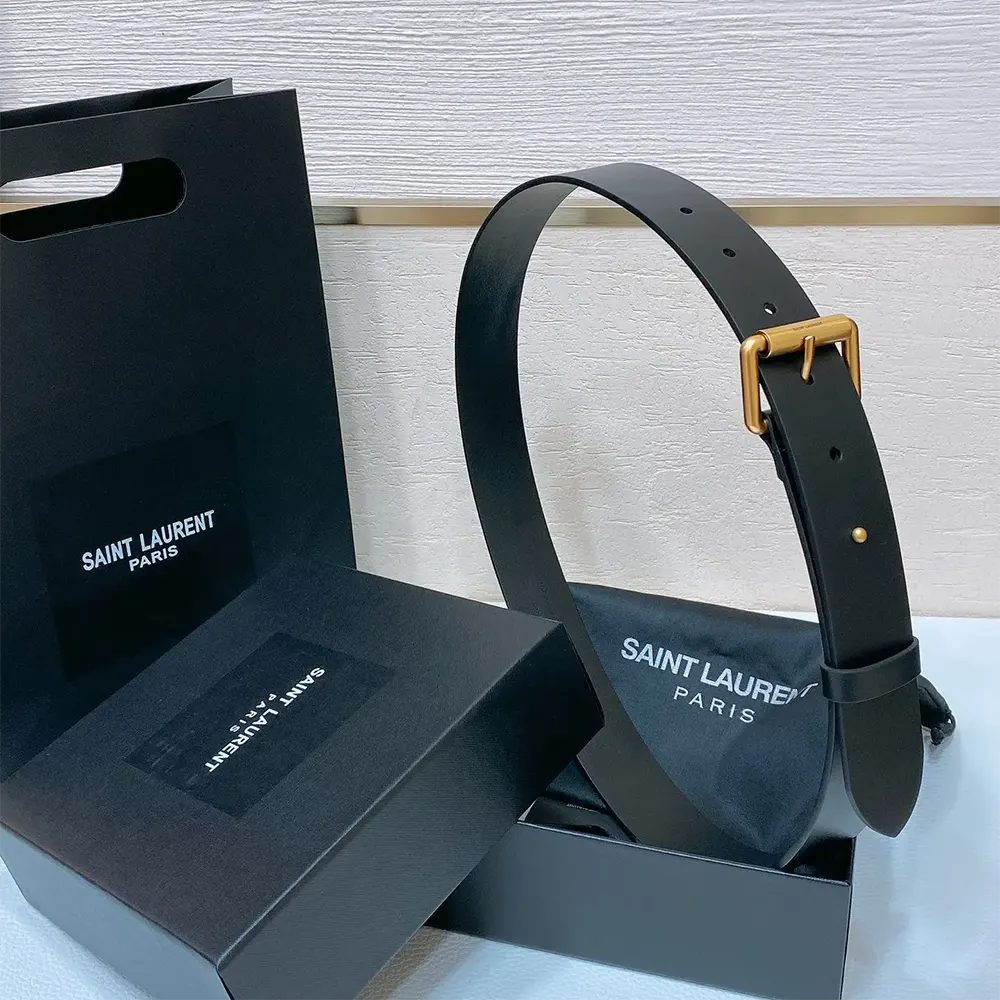 Side view of black leather Saint Laurent YSL Unisex Motorcycle Belt