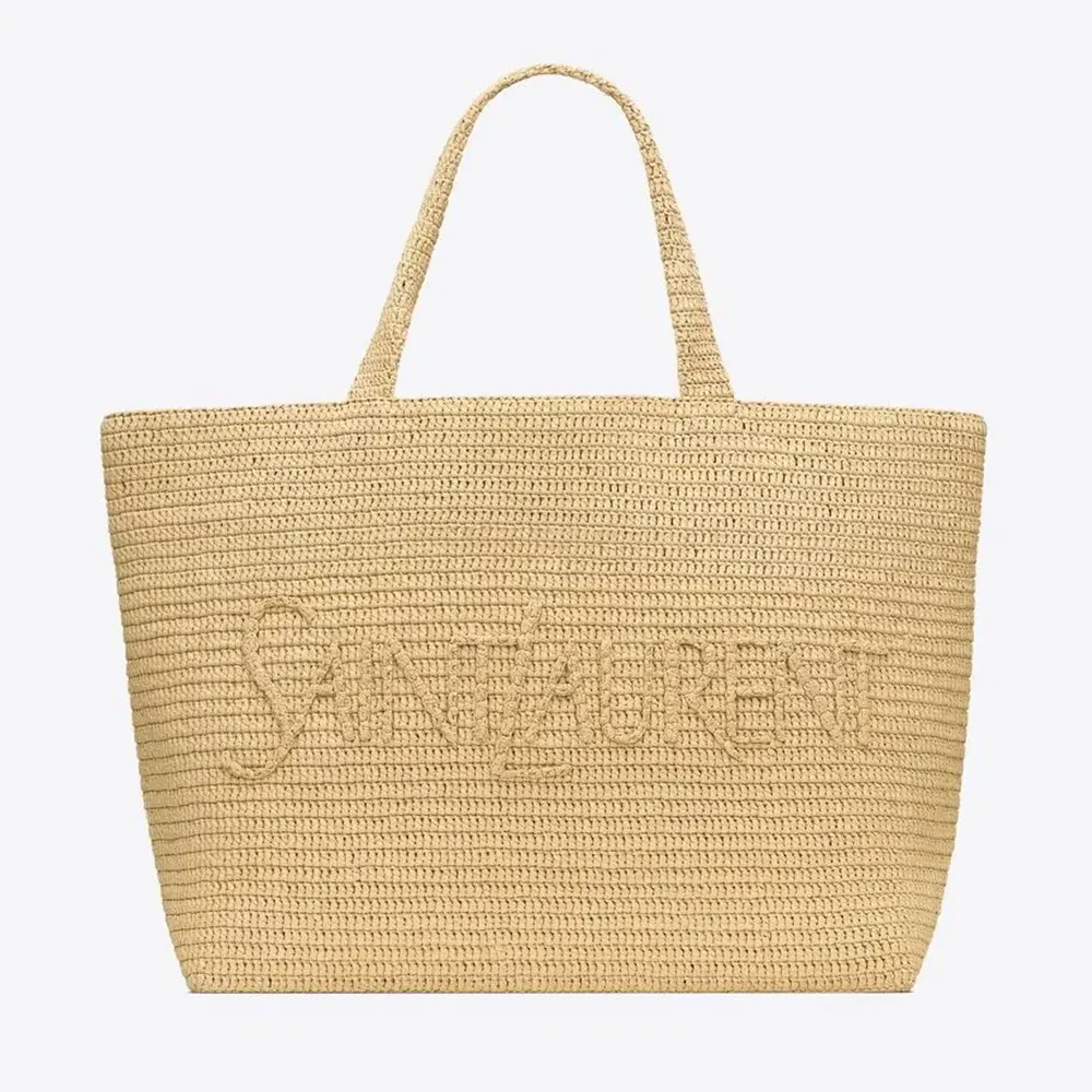 Front view of Saint Laurent YSL Unisex Saint Laurent Tote in Raffia with gold hardware