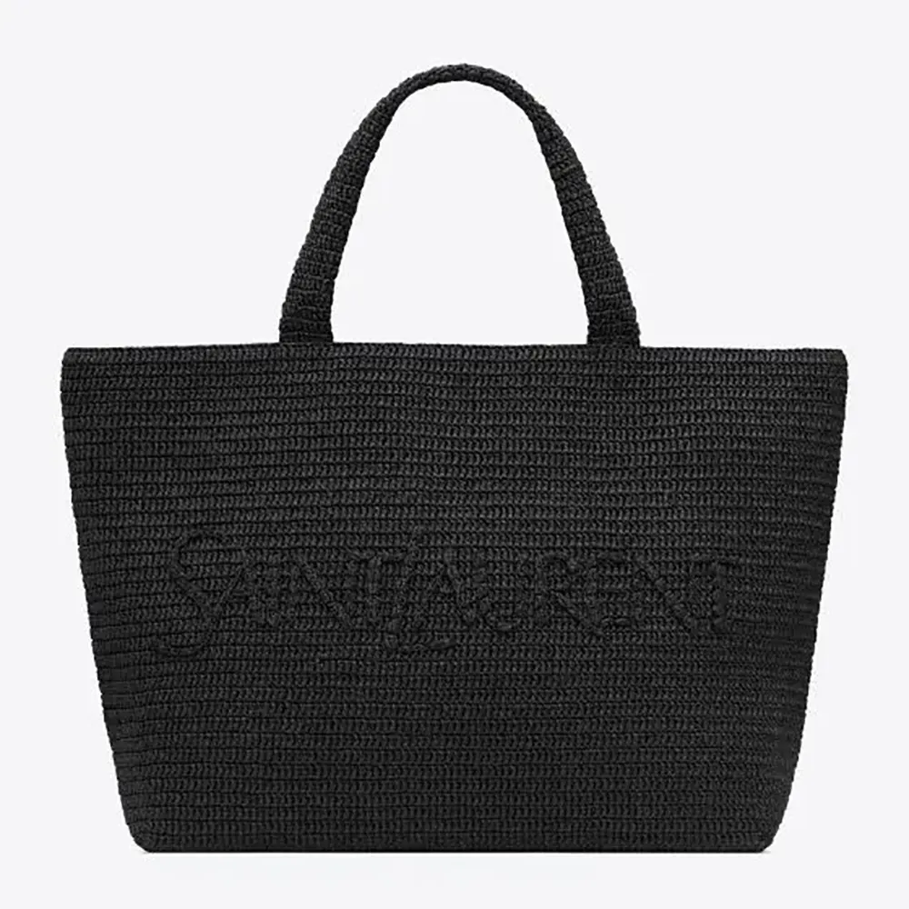 Front view of Saint Laurent YSL Unisex Saint Laurent Tote in Raffia black