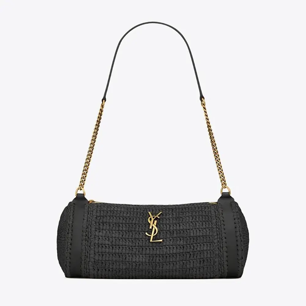 Front view of Saint Laurent YSL Women Cassandre Small Cylinder Bag in black raffia