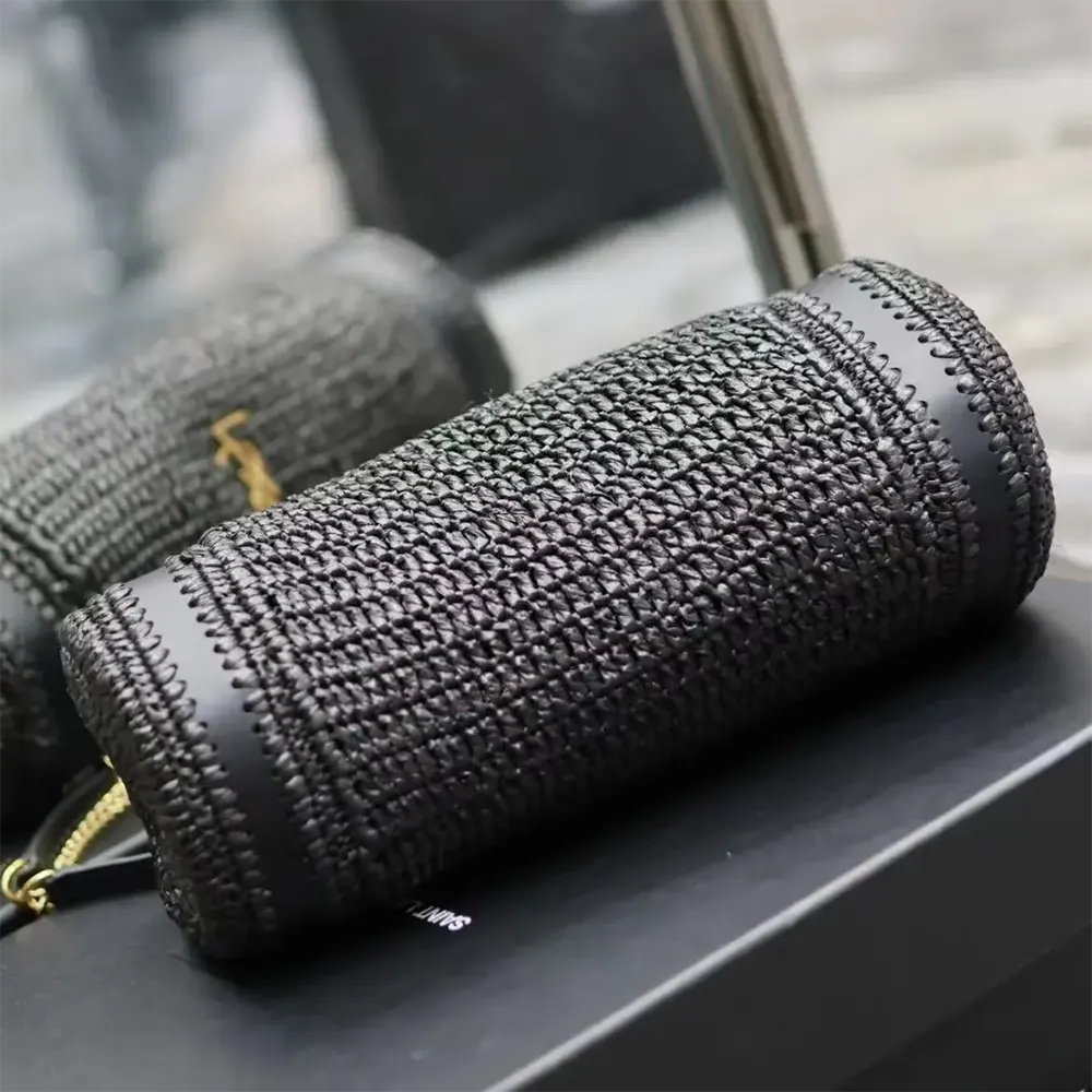 Saint Laurent YSL Women Cassandre Small Cylinder Bag in Raffia and Vegetable-tanned Leather - image 6
