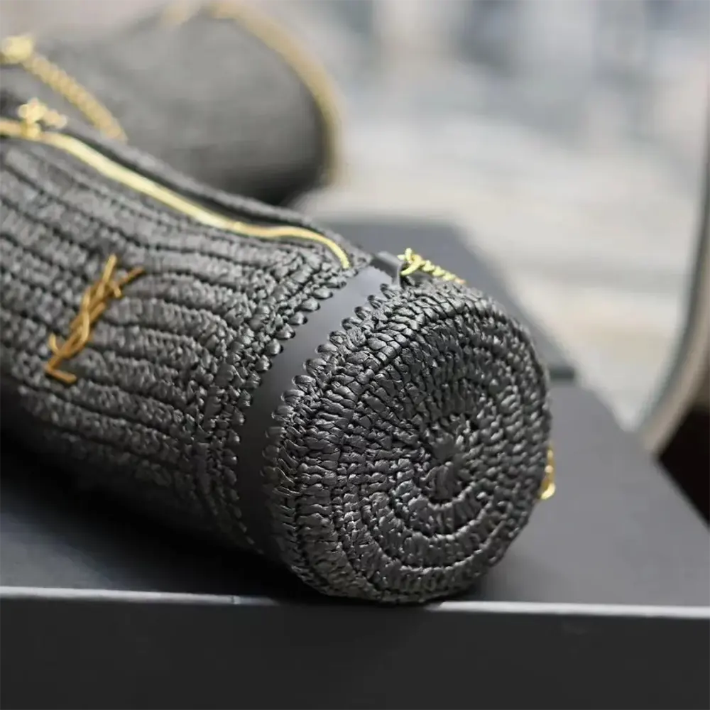 Saint Laurent YSL Women Cassandre Small Cylinder Bag in Raffia and Vegetable-tanned Leather - image 7