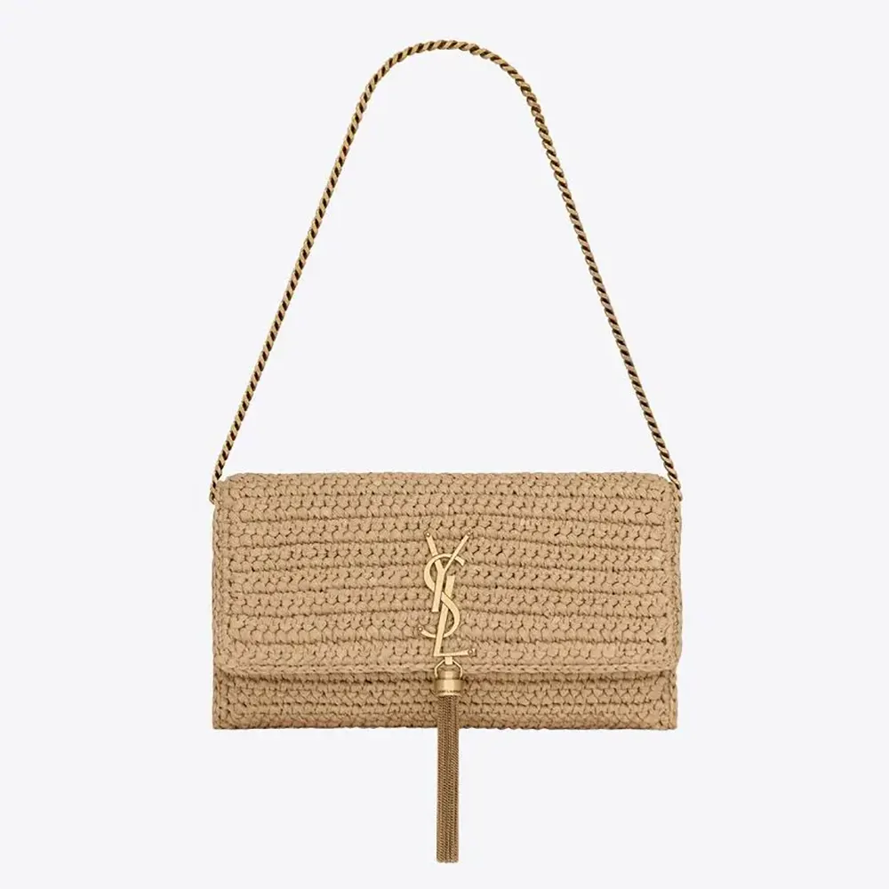 Front view of Saint Laurent YSL Women Kate 99 Tassel in Raffia shoulder bag