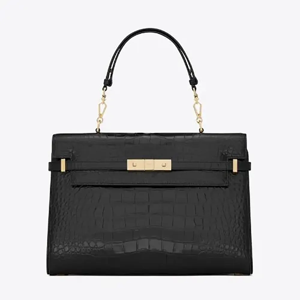 Front angle of Saint Laurent YSL Women Manhattan Top-handle in Shiny Alligator