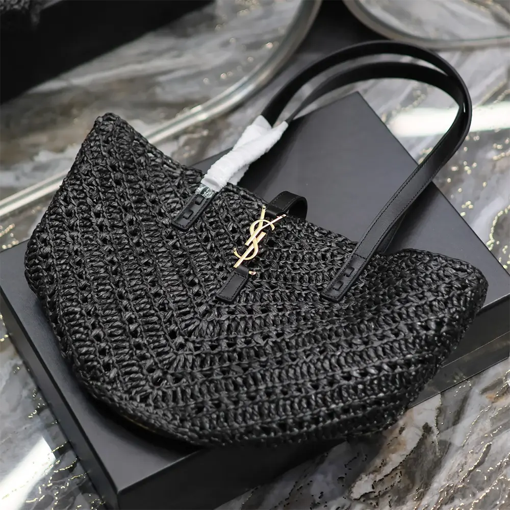 Saint Laurent YSL Women Panier Small in Raffia and Vegetable-tanned Leather-Black - image 6