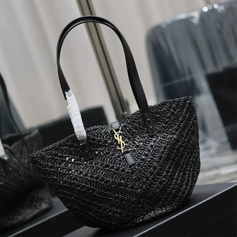Saint Laurent YSL Women Panier Small in Raffia and Vegetable-tanned Leather-Black - image 4