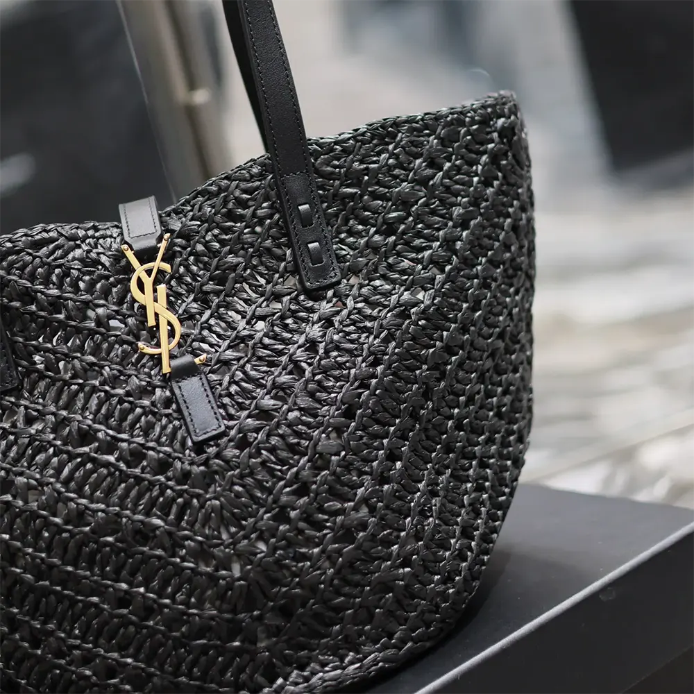 Saint Laurent YSL Women Panier Small in Raffia and Vegetable-tanned Leather-Black - image 8