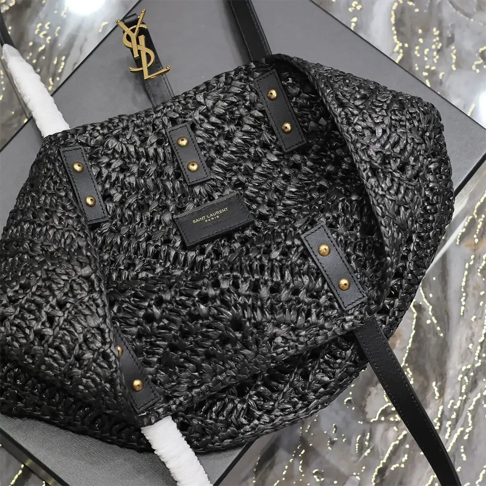 Saint Laurent YSL Women Panier Small in Raffia and Vegetable-tanned Leather-Black - image 9