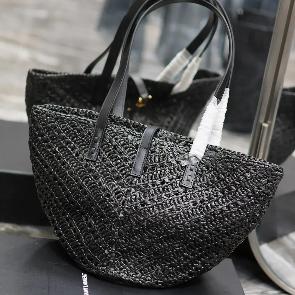 Saint Laurent YSL Women Panier Small in Raffia and Vegetable-tanned Leather-Black - image 5