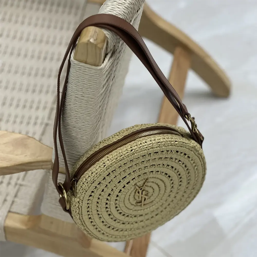 Saint Laurent YSL Women Round Bag in Raffia and Vegetable-Tanned Leather - image 8