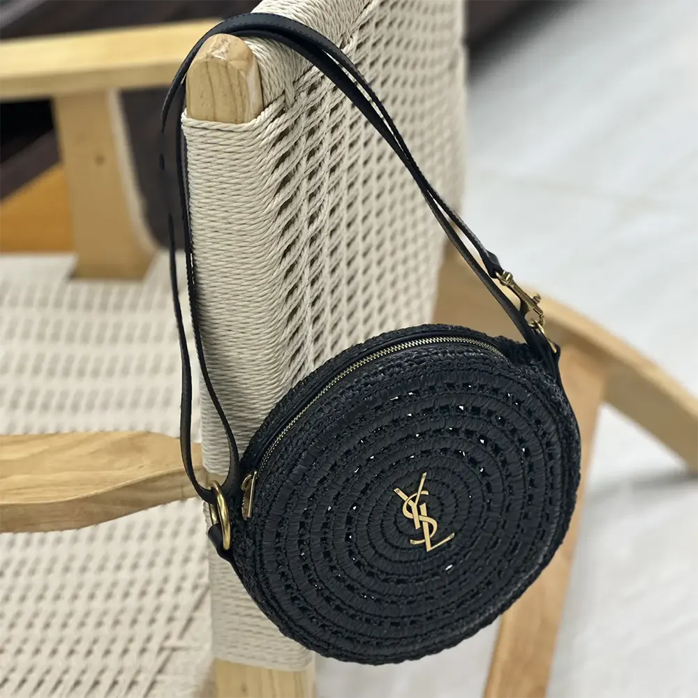 Saint Laurent YSL Women Round Bag in Raffia and Vegetable-Tanned Leather-Black - image 4
