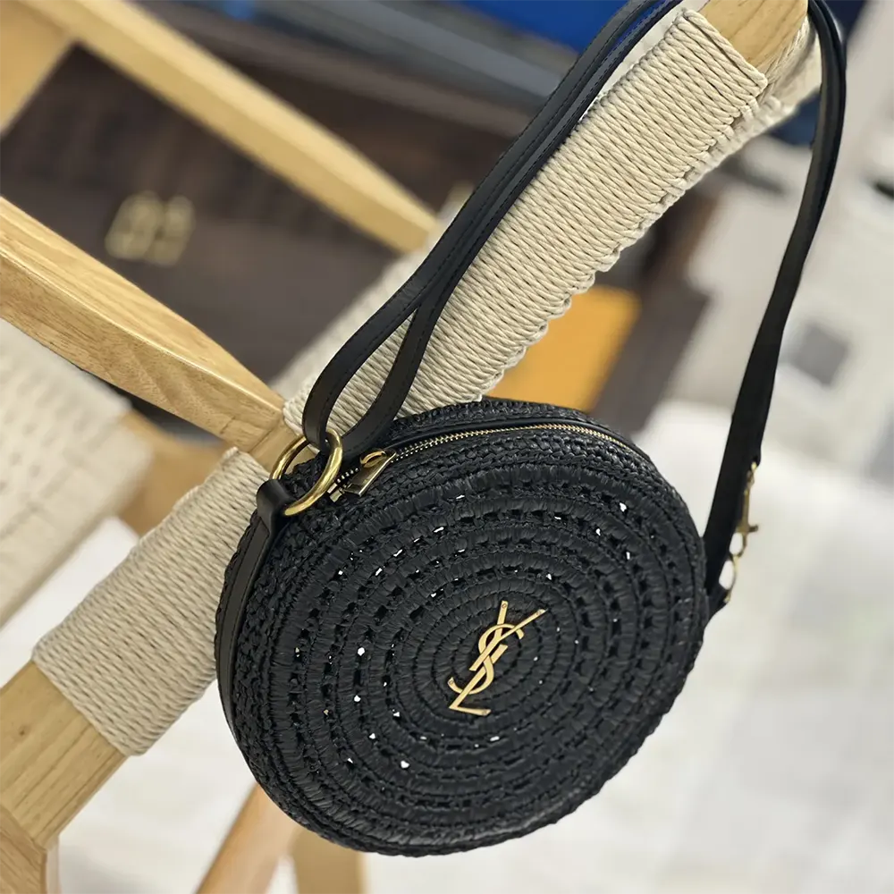 Saint Laurent YSL Women Round Bag in Raffia and Vegetable-Tanned Leather-Black - image 5
