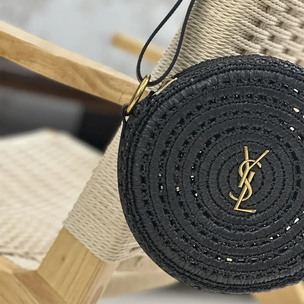 Saint Laurent YSL Women Round Bag in Raffia and Vegetable-Tanned Leather-Black - image 9
