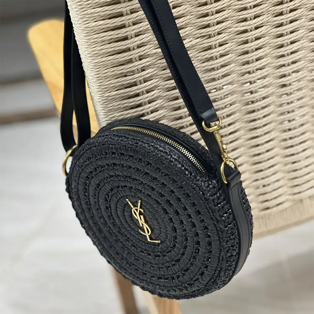 Saint Laurent YSL Women Round Bag in Raffia and Vegetable-Tanned Leather-Black - image 6