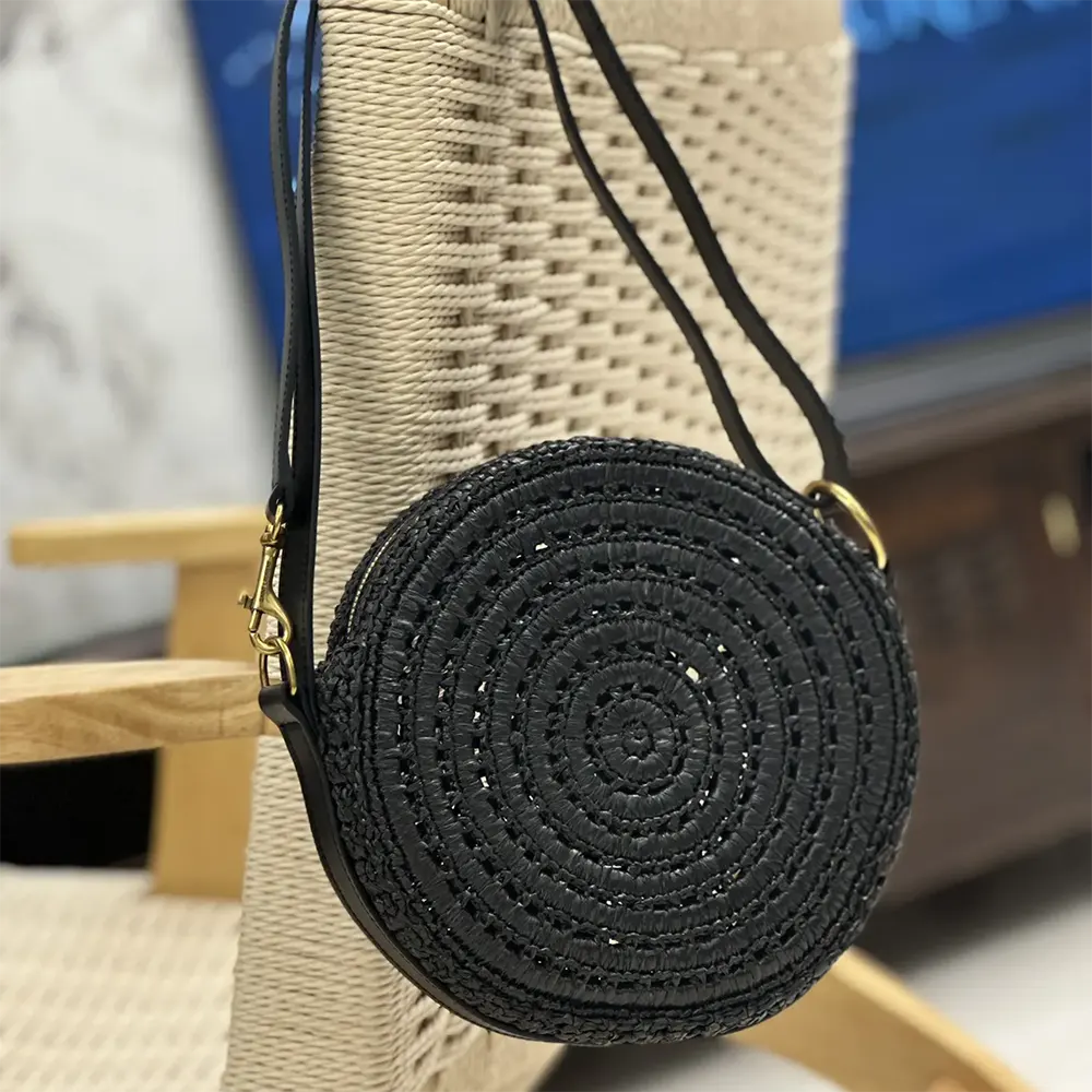 Saint Laurent YSL Women Round Bag in Raffia and Vegetable-Tanned Leather-Black - image 7