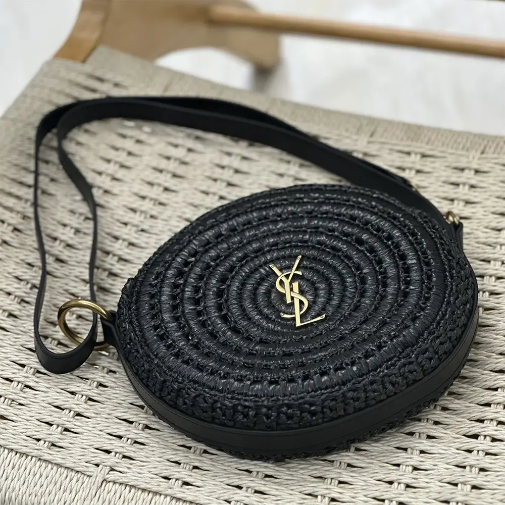 Saint Laurent YSL Women Round Bag in Raffia and Vegetable-Tanned Leather-Black - image 8