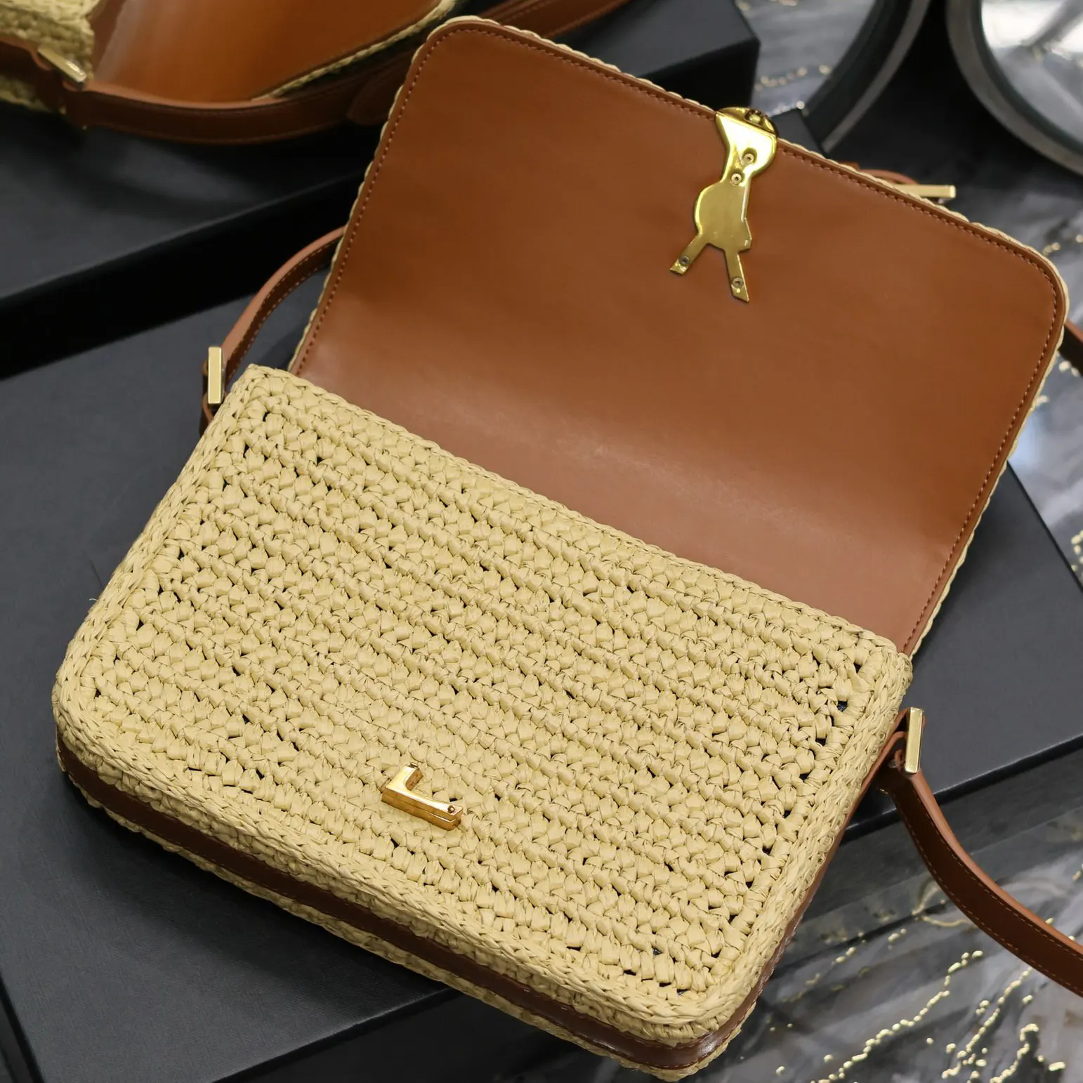 Saint Laurent YSL Women Solferino Medium in Raffia and Vegetable-tanned Leather - image 9