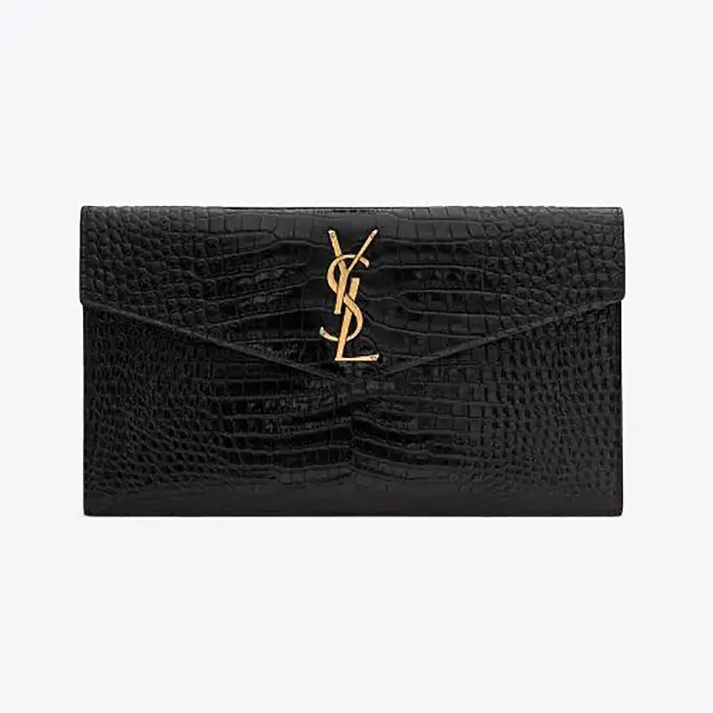 Front view of Saint Laurent YSL Women Uptown Pouch in crocodile-embossed leather black