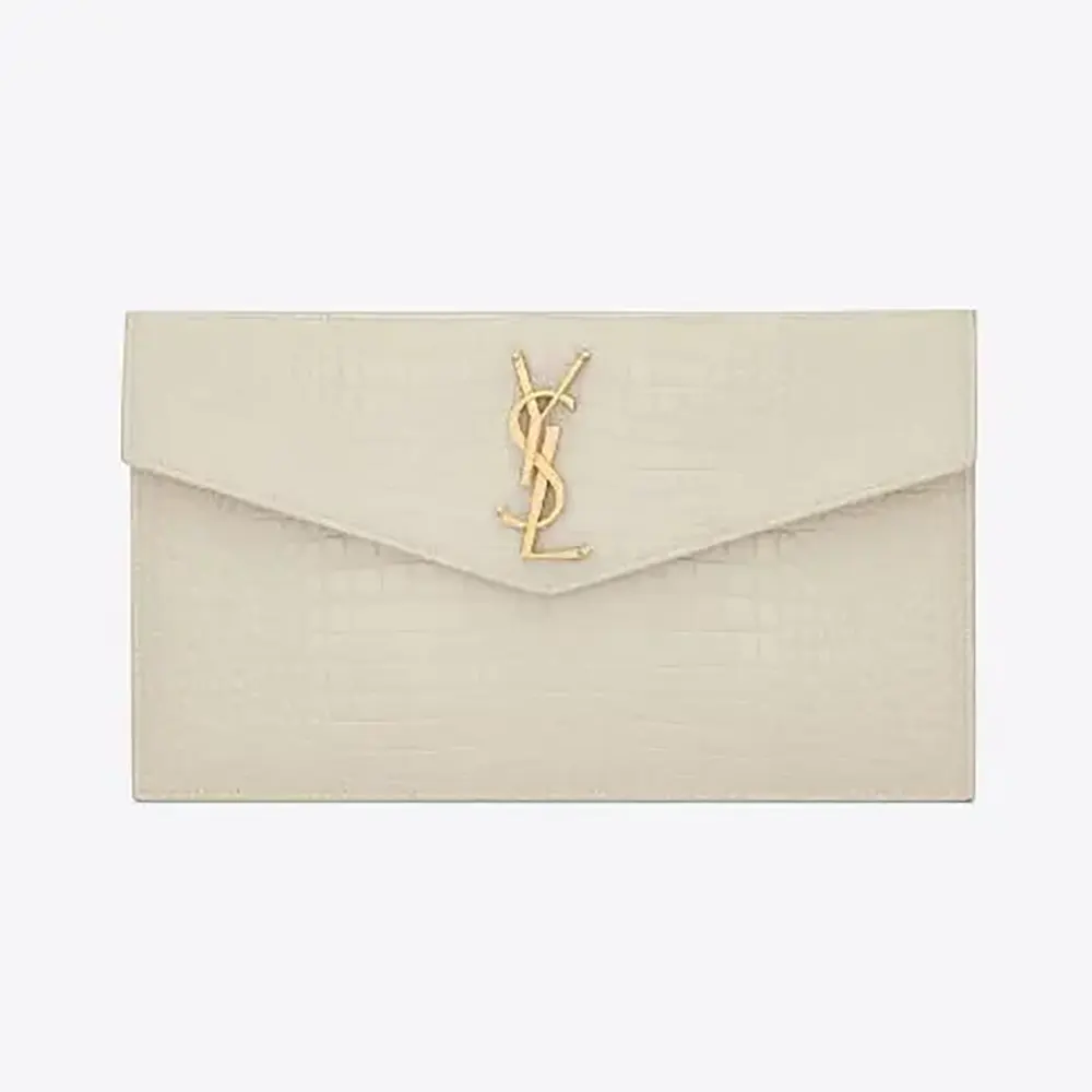 Front angle of Saint Laurent YSL Women Uptown Pouch in white leather
